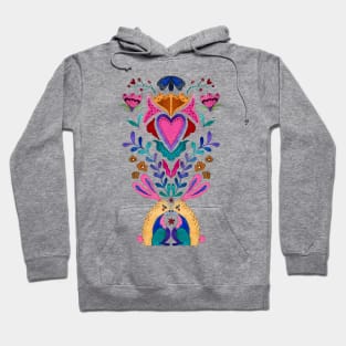 Watercolor folk flowers rabbit lizard bird symmetrical mirrored exotic hand painted illustration modern design Hoodie